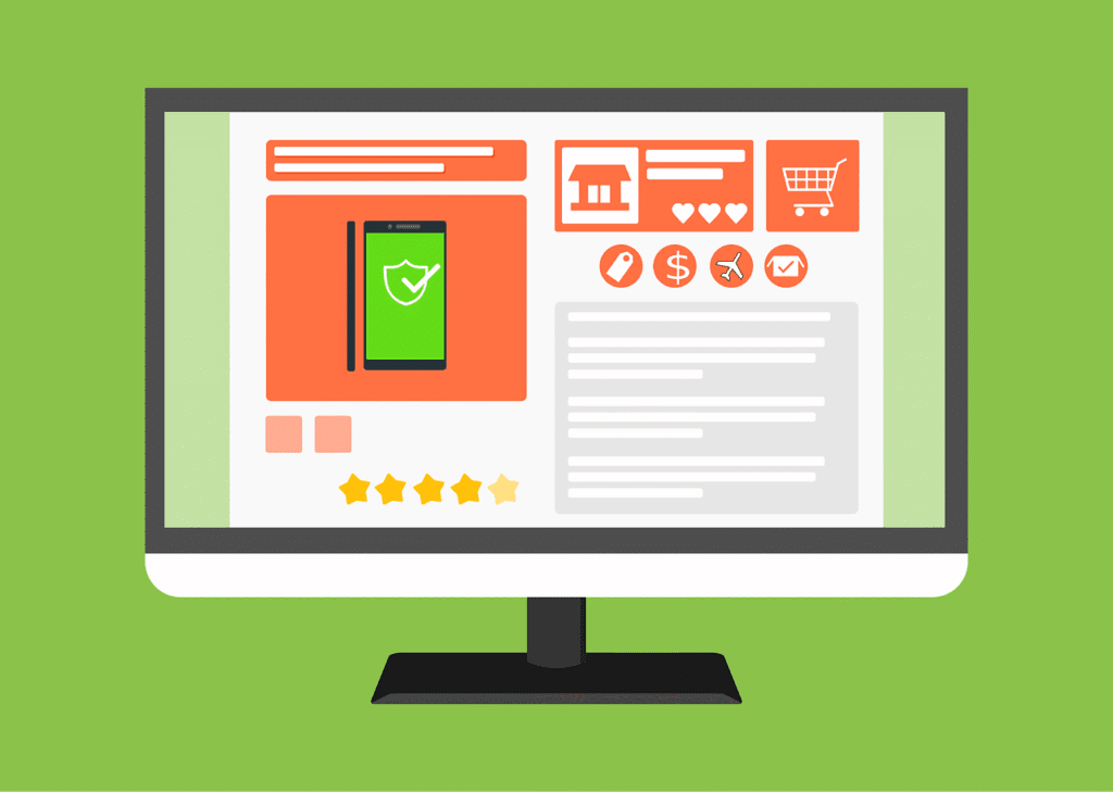 Green background with a computer monitor showing a general shopping site. Used for SmartBrief story titled, Attention shoppers: AI's on the job in retail media