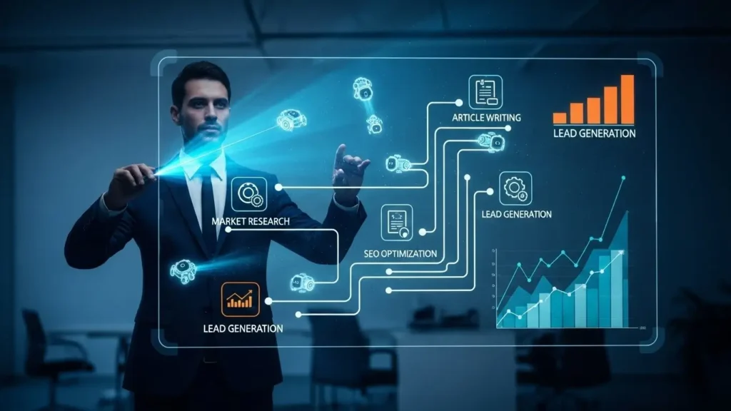 Empreendedor orquestrando robôs de IA em painel holográfico para criar artigos,
ilustrando o SEO agêntico para automatizar geração de conteúdo. 