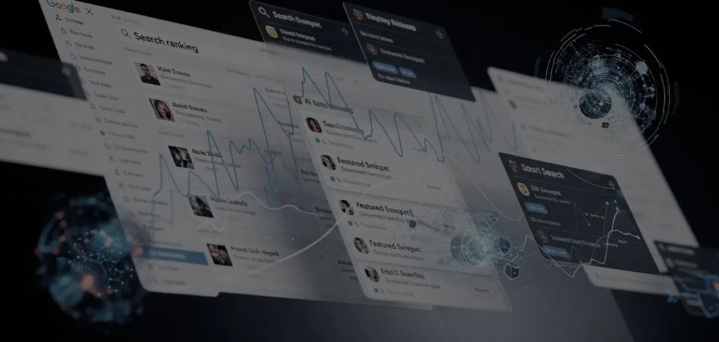 Planilhas e dashboard mostrando o rankeamento de um site no GEO